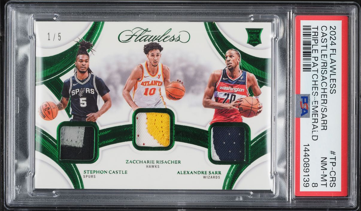2024 Panini Flawless Emerald Stephon Castle Zaccharie Risacher Alex Sarr ROOKIE PATCH 1/5 PSA 8