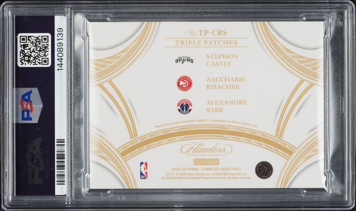 2024 Panini Flawless Emerald Stephon Castle Zaccharie Risacher Alex Sarr ROOKIE PATCH 1/5 PSA 8