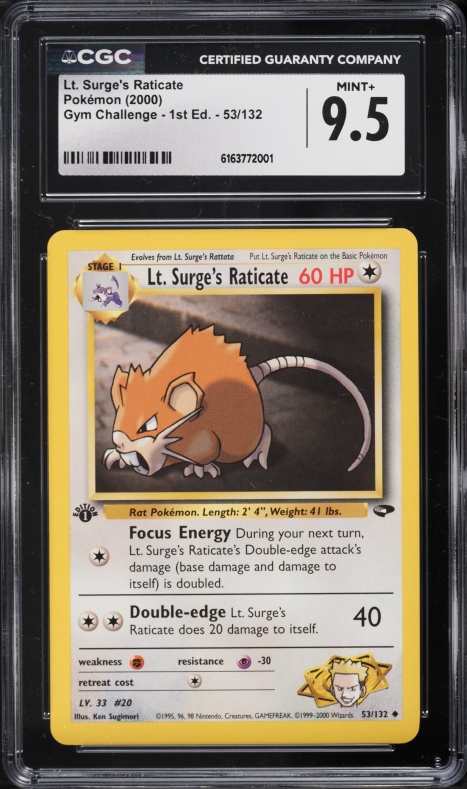 2000 Pokemon Gym Challenge 1st Edition Lt. Surge's Raticate #53 CGC 9.5 MINT+