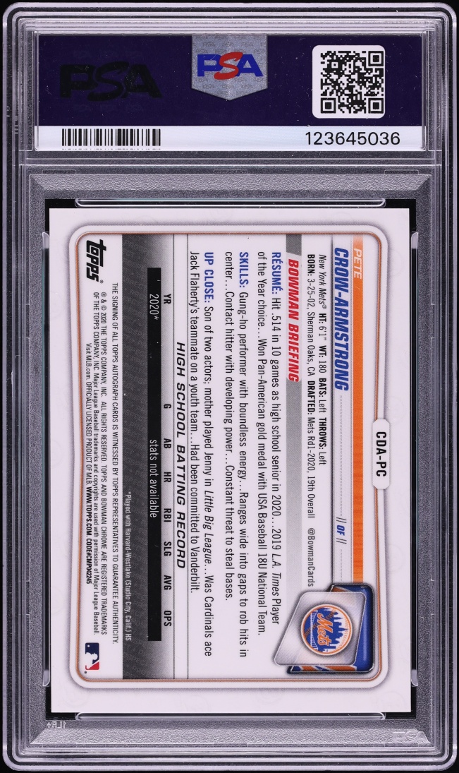 2020 Bowman Chrome DP Green Refractor Pete Crow-Armstrong PROSPECT AUTO /99 PSA 10 GEM MINT