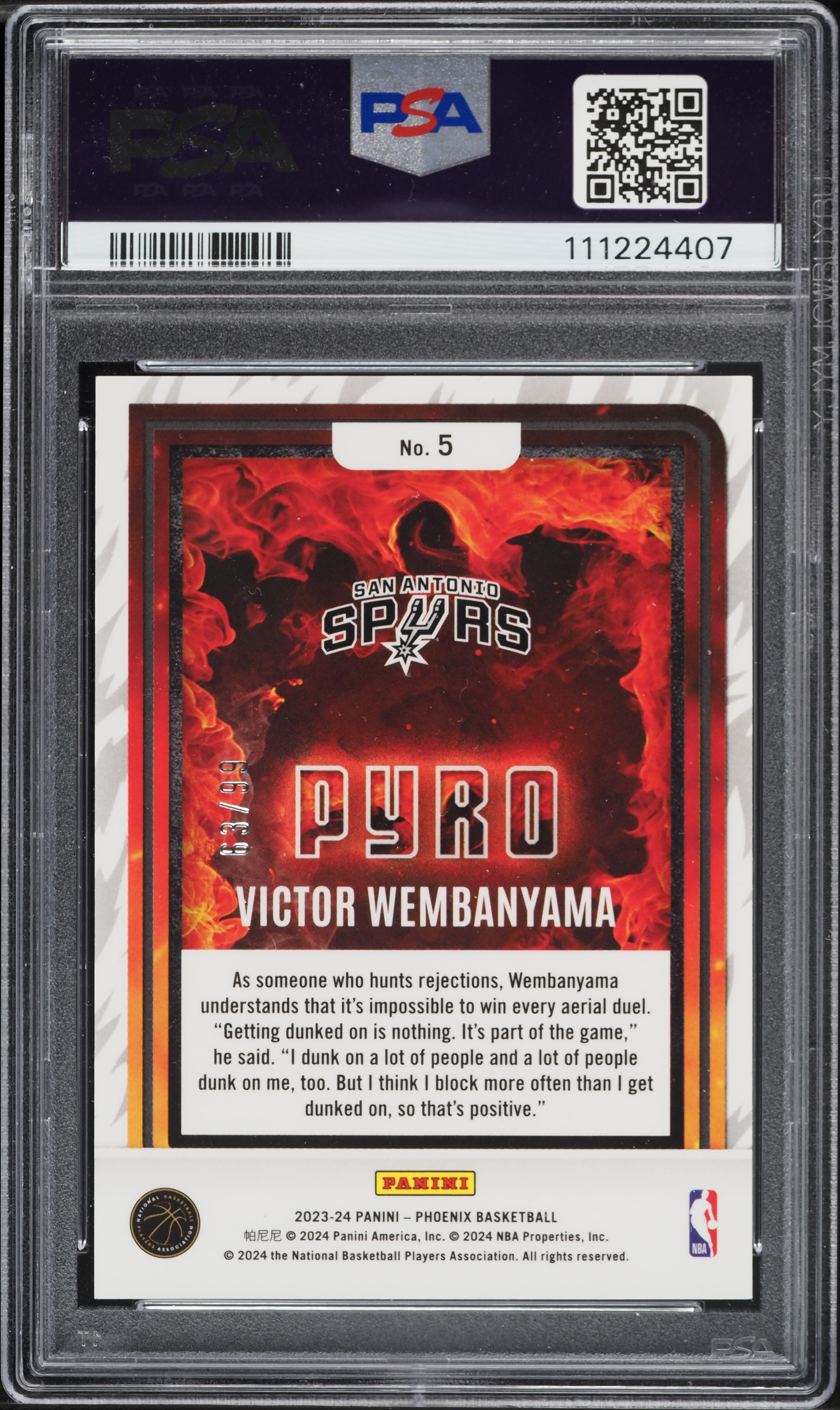 2023 Panini Phoenix Pyro Pink Victor Wembanyama ROOKIE /99 #5 PSA 