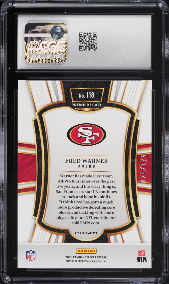 2025 Select Premier Level Blue Fred Warner /175 #118 CGC 9.5 MINT+