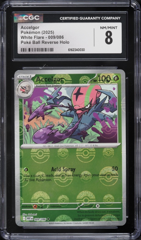 2025 Pokemon Scarlet & Violet White Flare Poké Ball Reverse Holo Accelgor #009 CGC 8 NM-MT