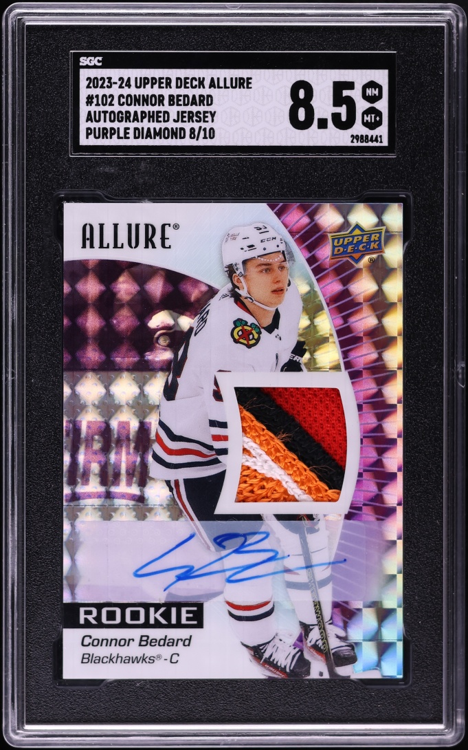 2023 Upper Deck Allure Purple Diamond Connor Bedard PATCH AUTO /10 #102 SGC 8.5 NM-MT+