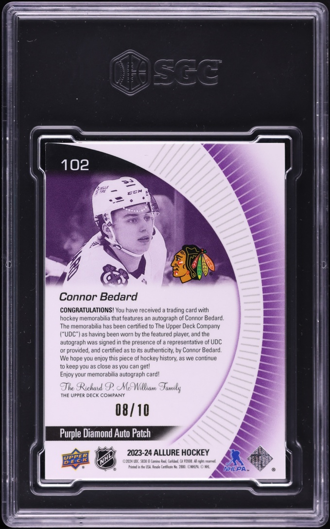 2023 Upper Deck Allure Purple Diamond Connor Bedard PATCH AUTO /10 #102 SGC 8.5 NM-MT+