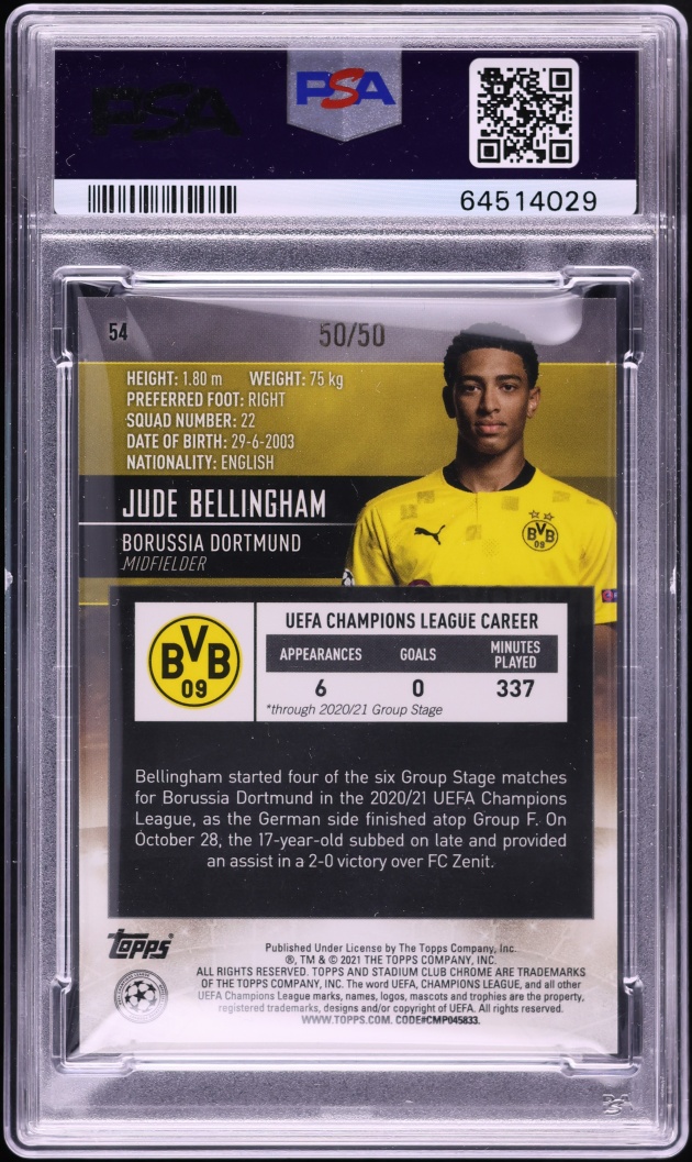 2020 Stadium Club Chrome UCL Gold Refractor Jude Bellingham ROOKIE 50/50 #54 PSA 10 GEM MINT