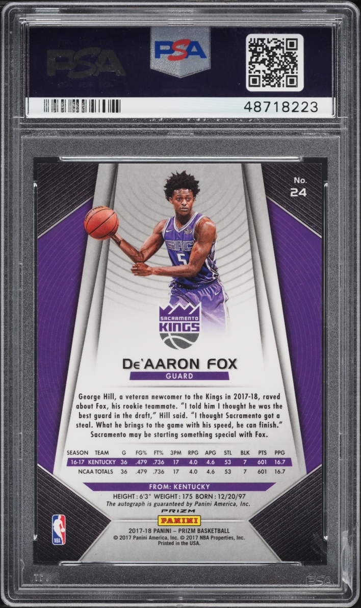 2017 Panini Prizm Silver De'Aaron Fox ROOKIE AUTO #24 PSA 10 GEM MINT