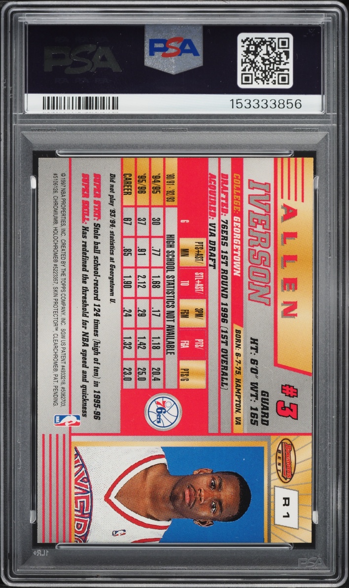 1996 Bowman's Best Allen Iverson ROOKIE #R1 PSA 8 NM-MT