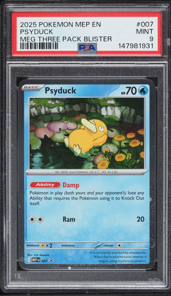 2025 Pokemon Mega Evolution Black Star Promo 3 Pack Blister Cosmos Holo Psyduck #7 PSA 9 MINT