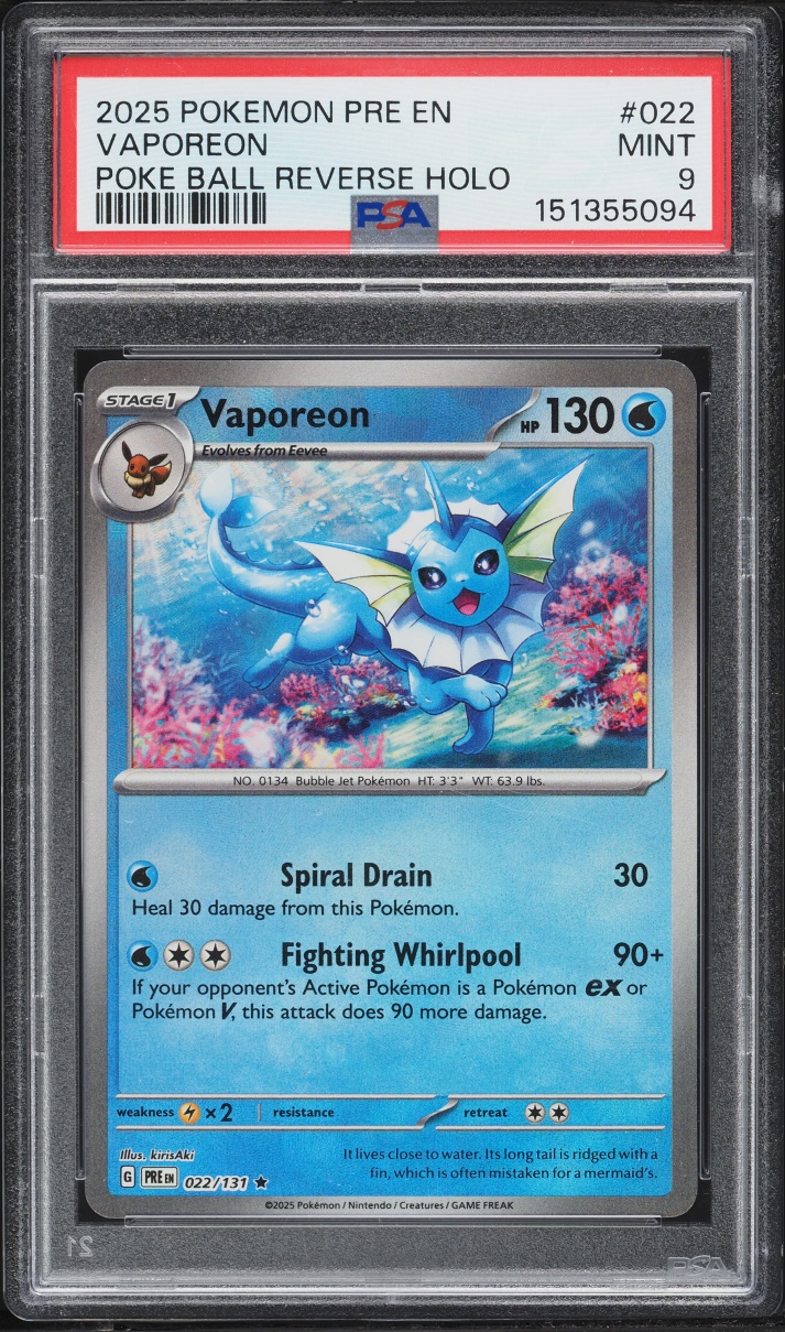 2025 Pokemon SV Prismatic Evolutions Poke Ball Reverse Holo Vaporeon #022 PSA 9 MINT