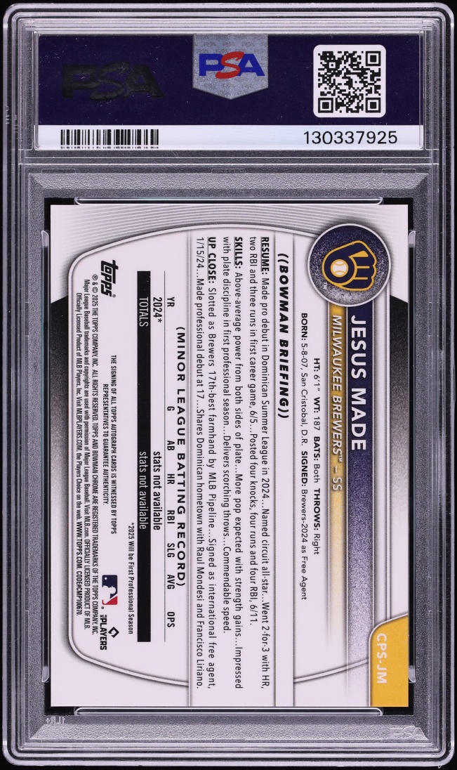 2025 Bowman Chrome Sapphire Edition Green Jesus Made PROSPECT AUTO /99 #CPSJM PSA 9 MINT