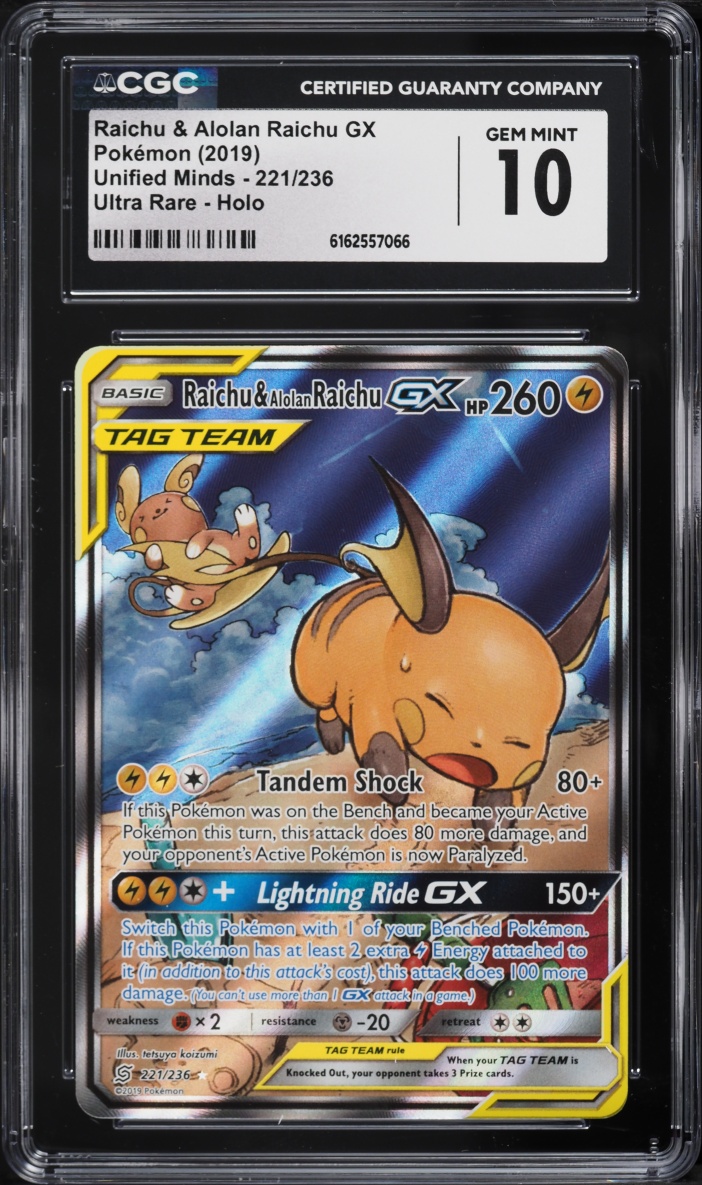 2019 Pokemon Sun & Moon Unified Minds Alt Art Raichu & Alolan Raichu GX #221 CGC 10 GEM MINT