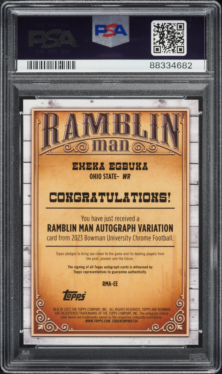 2023 Bowman University Chrome Ramblin' Man Emeka Egbuka AUTO /99 #RMA-EE PSA 10 GEM MINT
