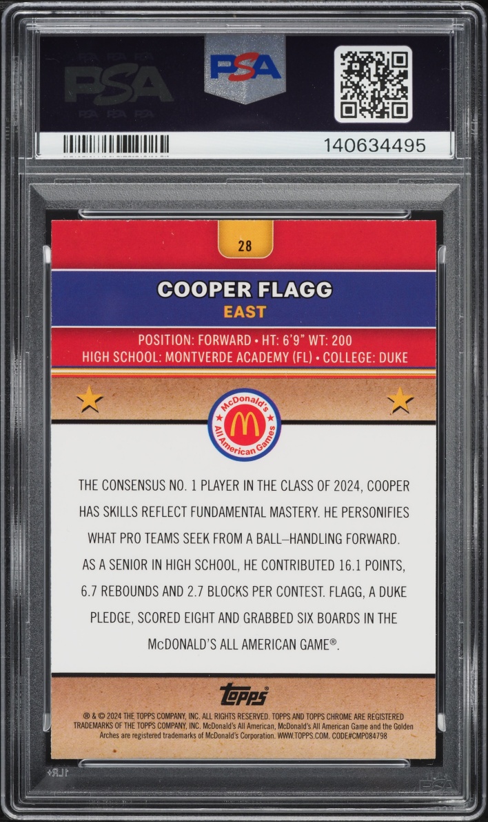 2024 Topps Chrome McDonald's All American Blue Raywave Cooper Flagg ROOKIE #28 PSA 10 GEM MINT