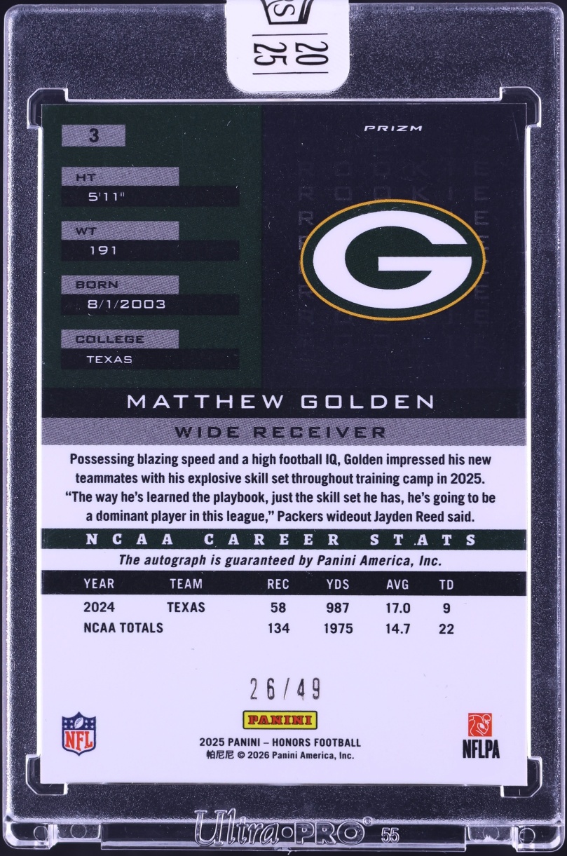 2025 Panini Honors Prizm Matthew Golden ROOKIE AUTO /49 #3