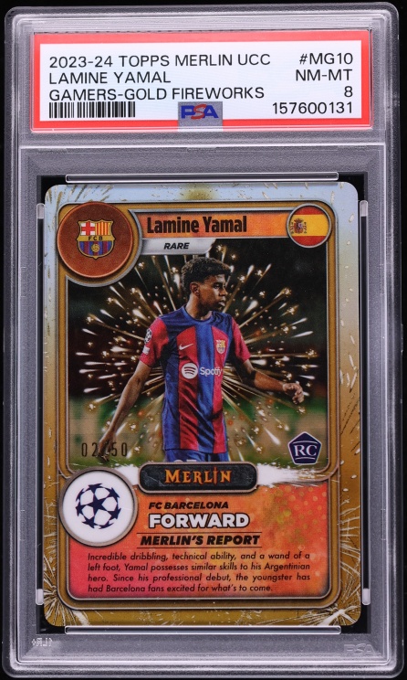 2023 Topps Merlin UEFA CC Gamers Gold Fireworks Lamine Yamal ROOKIE /50 #MG-10 PSA 8