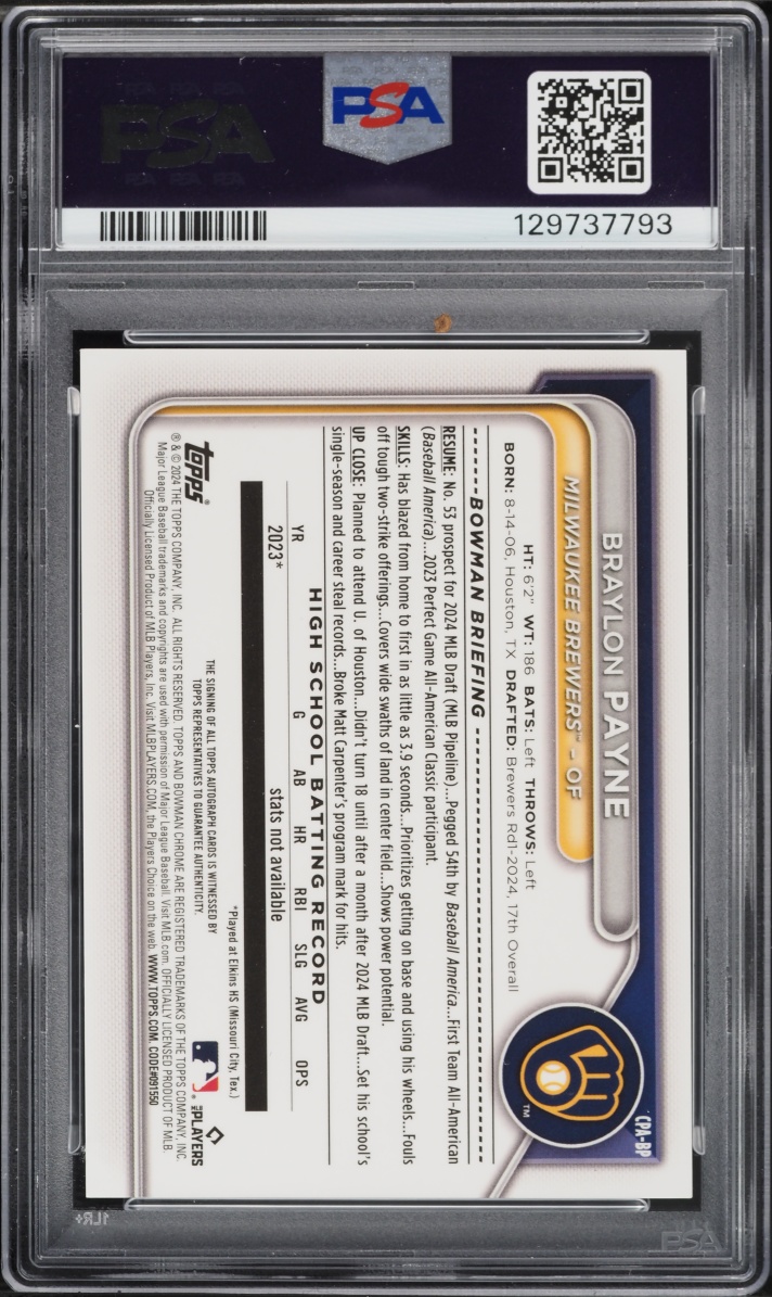 2024 Bowman Draft Chrome Aqua Lava Refractor Braylon Payne PROSPECT AUTO /199 #CPABP PSA 9 MINT