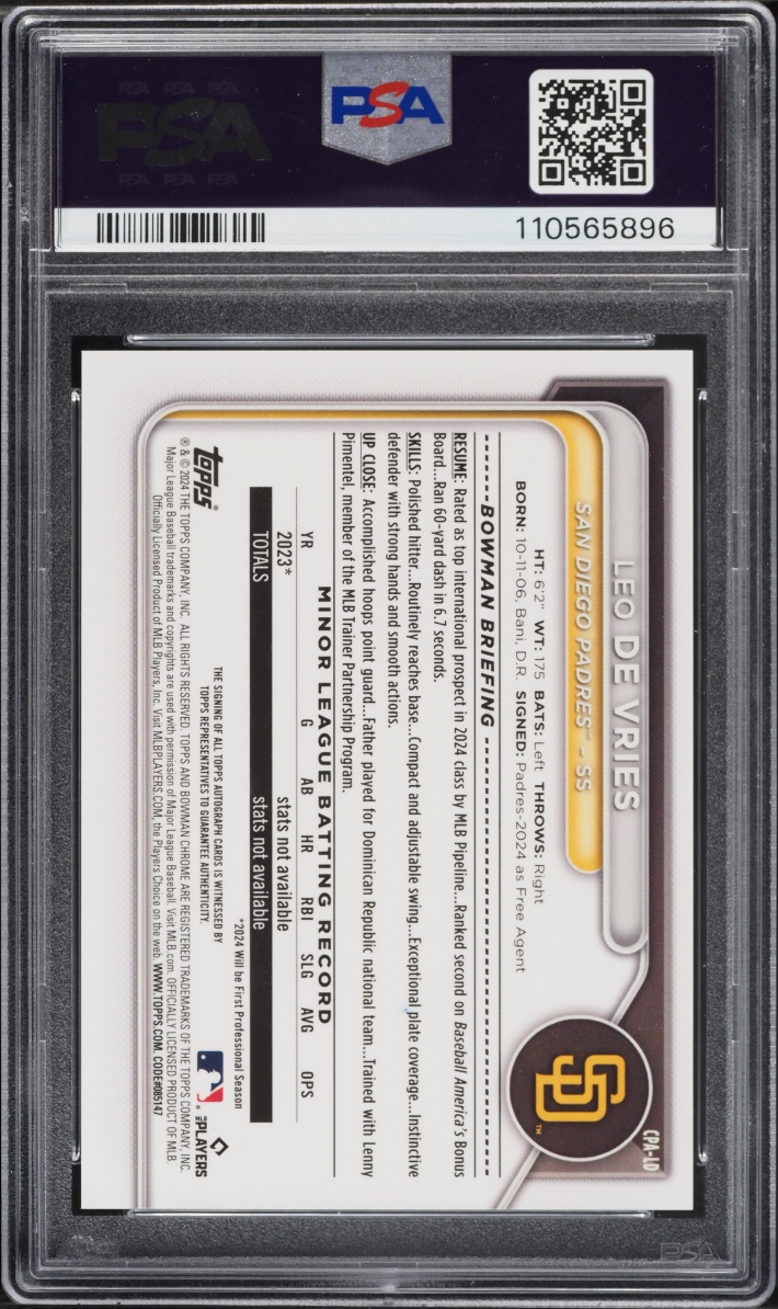 2024 Bowman Chrome Leo De Vries PROSPECT AUTO DNA AUTH #CPA-LD PSA 9 MINT