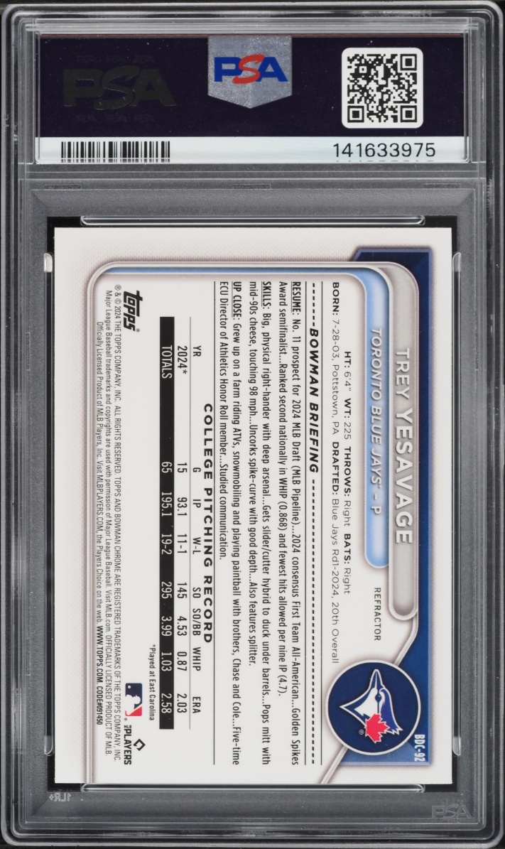 2024 Bowman Draft Chrome Refractor Trey Yesavage PROSPECT #BDC-92 PSA 10 GEM MINT