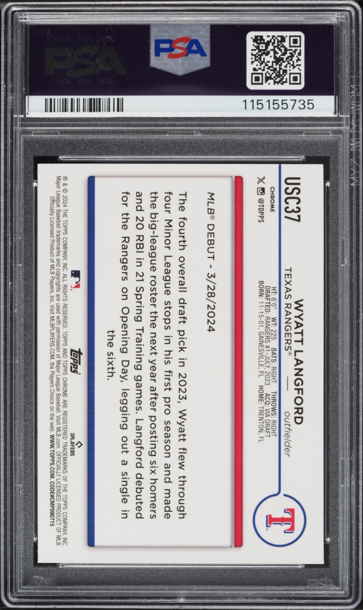 2024 Topps Chrome Update Blue Raywave Wyatt Langford ROOKIE /150 #USC37 PSA 9 MINT