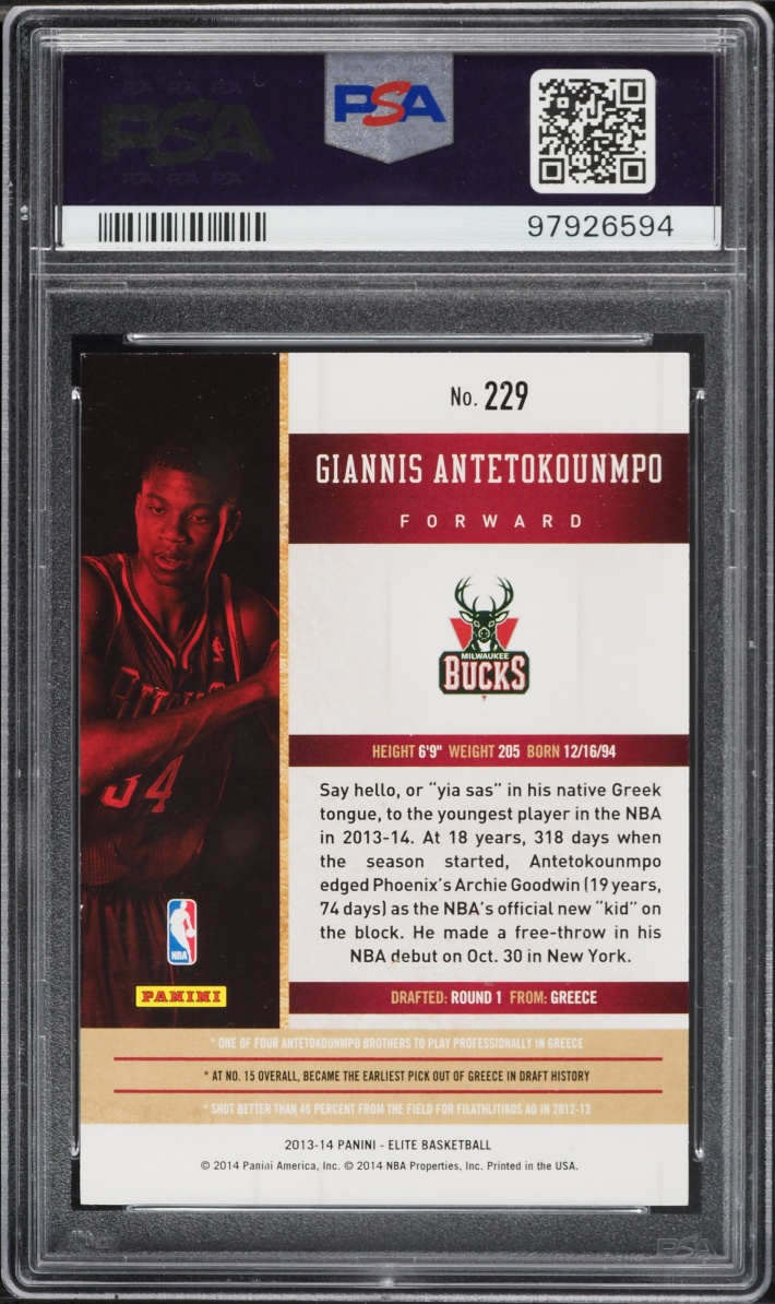 2013 Panini Elite Giannis Antetokounmpo ROOKIE /999 #229 PSA 9 MINT