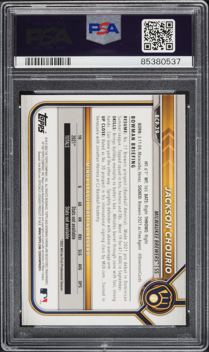 2022 Bowman Chrome Mega Box Jackson Chourio PROSPECT #BCP-79 PSA 10 GEM MINT