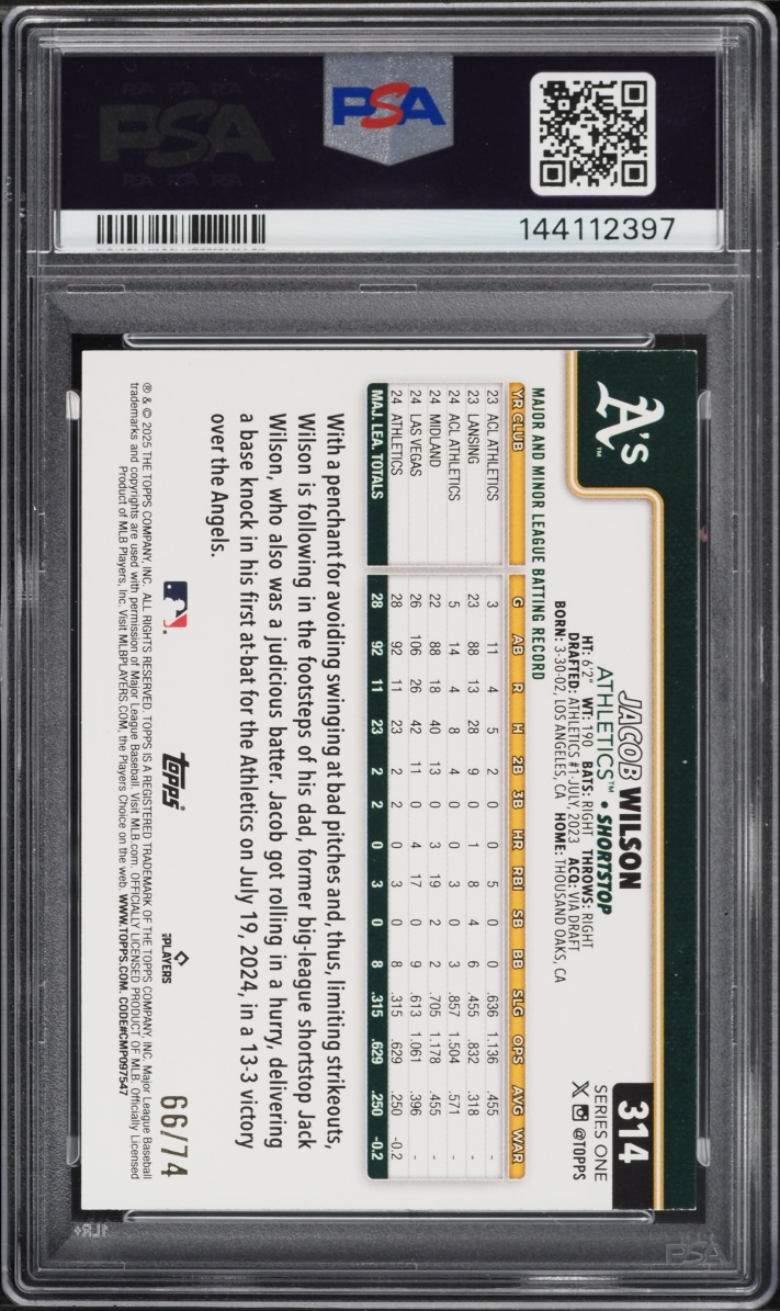 2025 Topps Black Jacob Wilson ROOKIE /74 #314 PSA 9 MINT