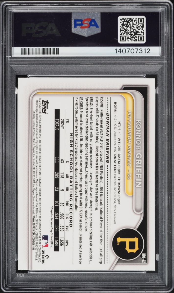 2024 Bowman Draft Chrome Sapphire Konnor Griffin PROSPECT #BDC-22 PSA 9 MINT