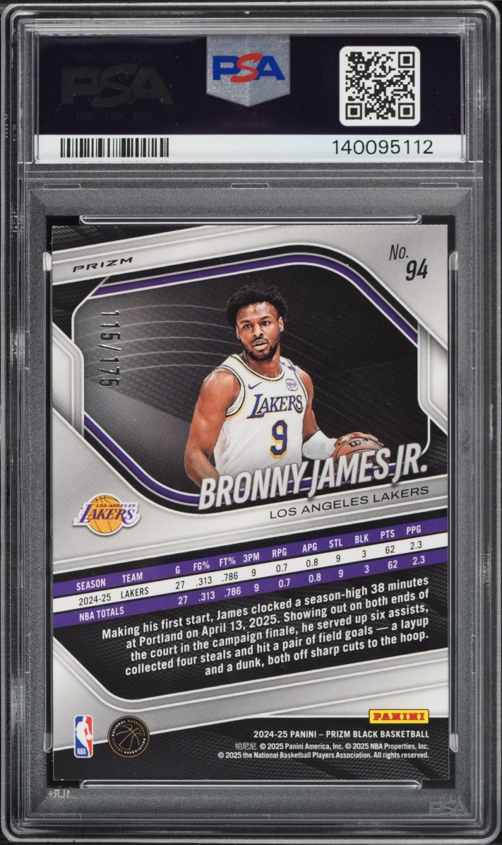 2024 Panini Prizm Black White Bronny James Jr. ROOKIE /175 #94 PSA 10 GEM MINT