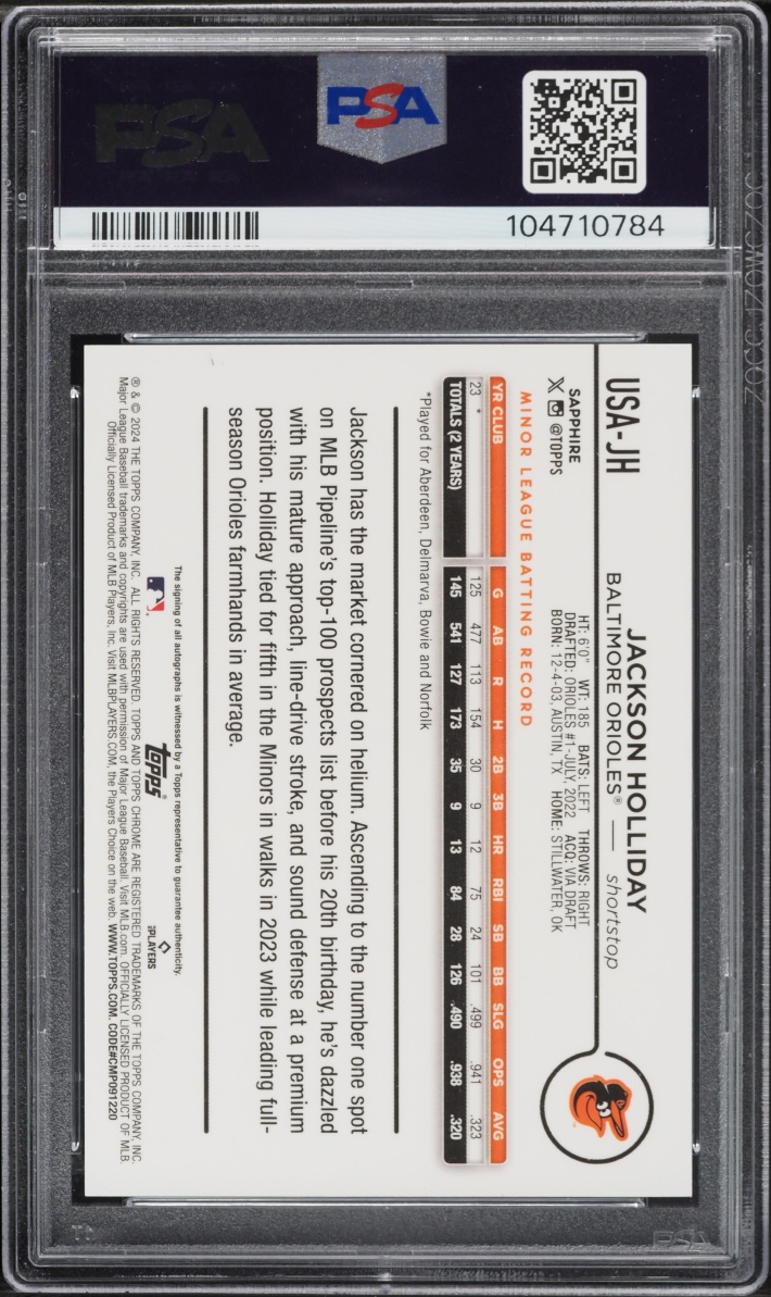 2024 Topps Chrome Update Sapphire Green Jackson Holliday ROOKIE AUTO /99 #USA-JH PSA 9 MINT
