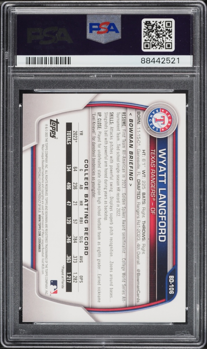 2023 Bowman Draft Wyatt Langford PROSPECT #BD-106 PSA 10 GEM MINT