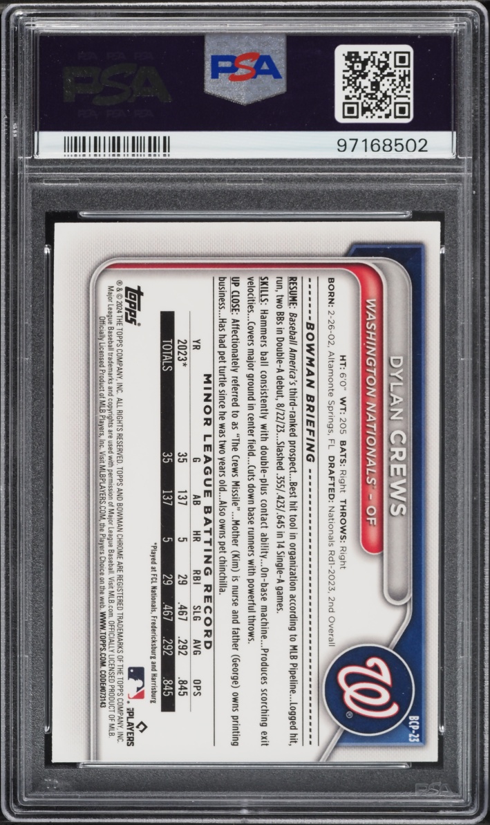 2024 Bowman Chrome Lunar Glow Refractor Dylan Crews PROSPECT #BCP-23 PSA 10 GEM MINT