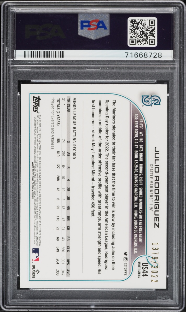 2022 Topps Update Gold Julio Rodriguez ROOKIE /2022 #US44 PSA 9 MINT