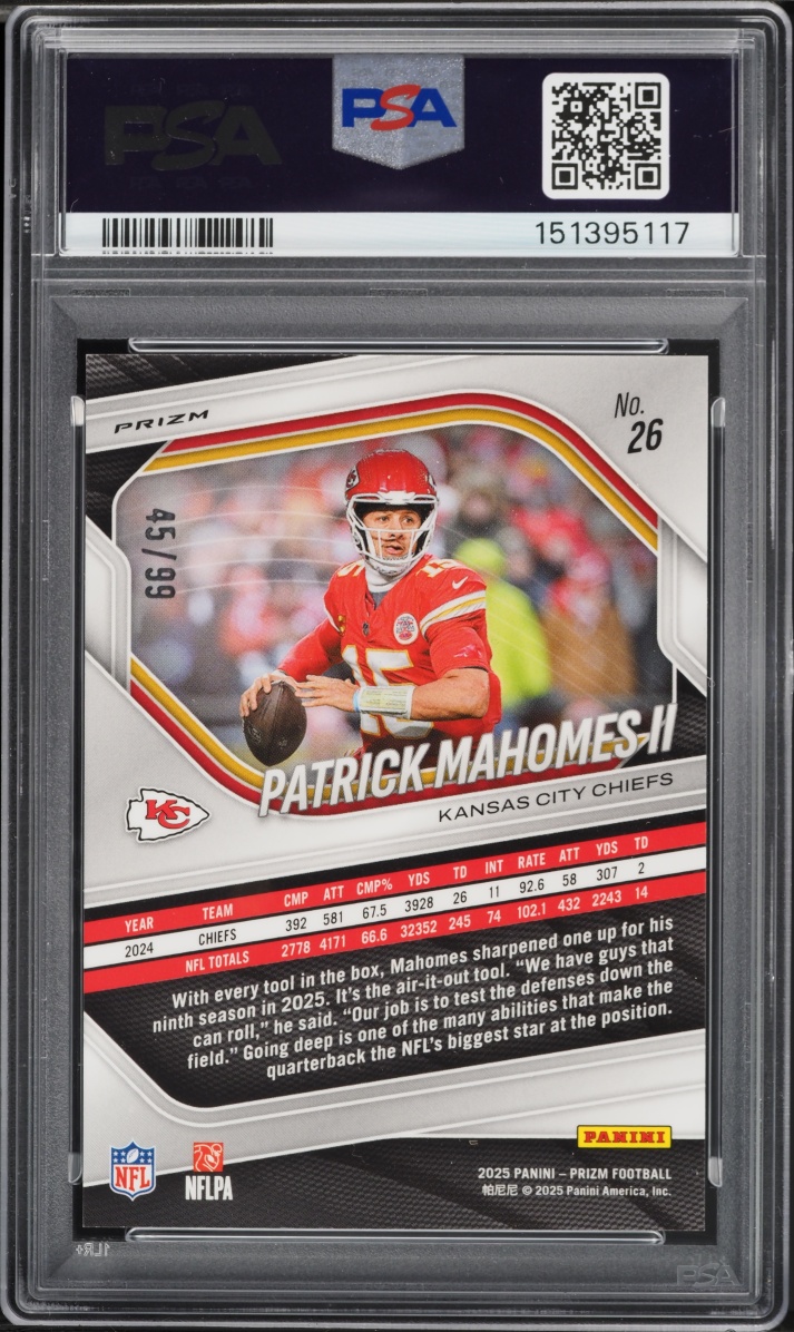 2025 Panini Prizm No Huddle Red Patrick Mahomes II /99 #26 PSA 10 GEM MINT