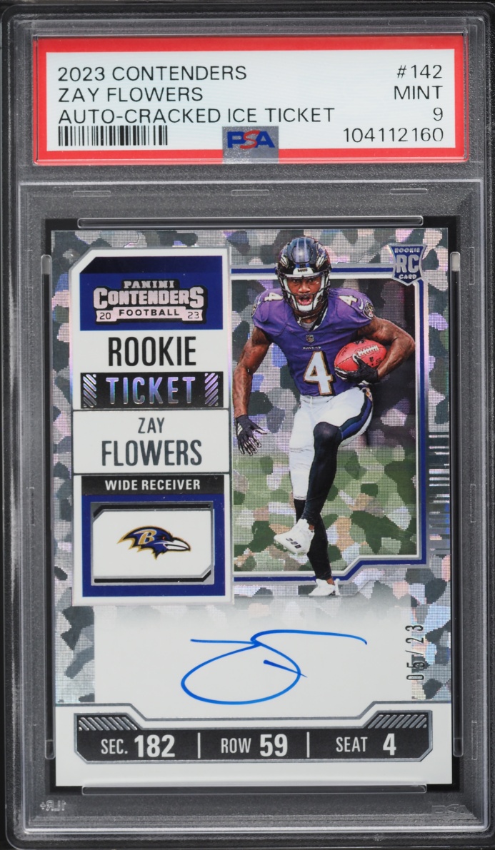 2023 Panini Contenders Cracked Ice Ticket Zay Flowers ROOKIE AUTO /23 #142 PSA 9 MINT