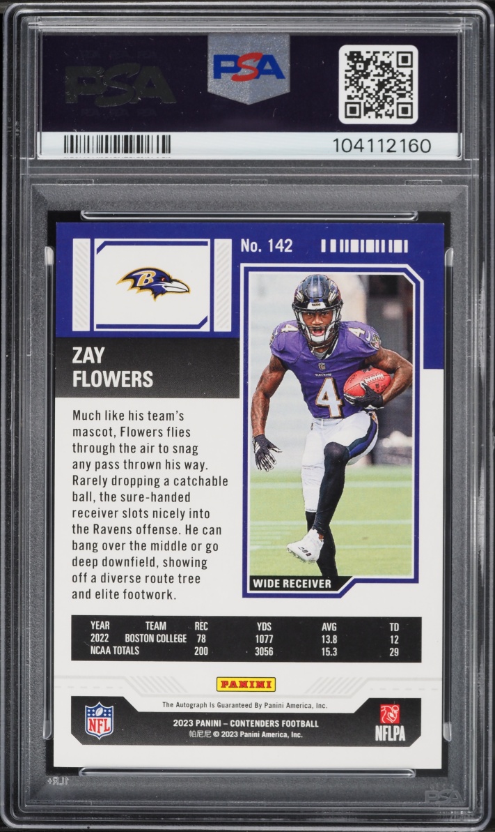 2023 Panini Contenders Cracked Ice Ticket Zay Flowers ROOKIE AUTO /23 #142 PSA 9 MINT