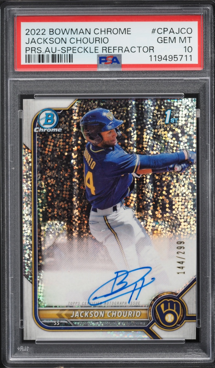 2022 Bowman Chrome Speckle Refractor Jackson Chourio PROSPECT AUTO /299 PSA 10 GEM MINT