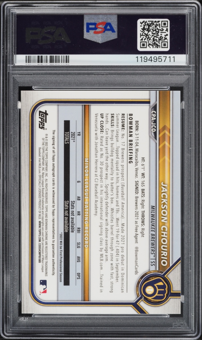 2022 Bowman Chrome Speckle Refractor Jackson Chourio PROSPECT AUTO /299 PSA 10 GEM MINT