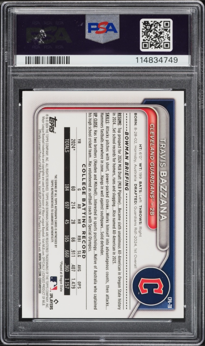 2024 Bowman Draft Chrome Yellow Refractor Travis Bazzana PROSPECT AUTO /75 #CPATB PSA 10 GEM