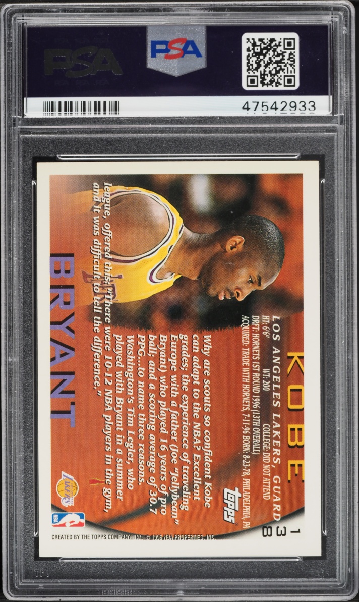 1996 Topps Basketball Kobe Bryant ROOKIE #138 PSA 9 MINT