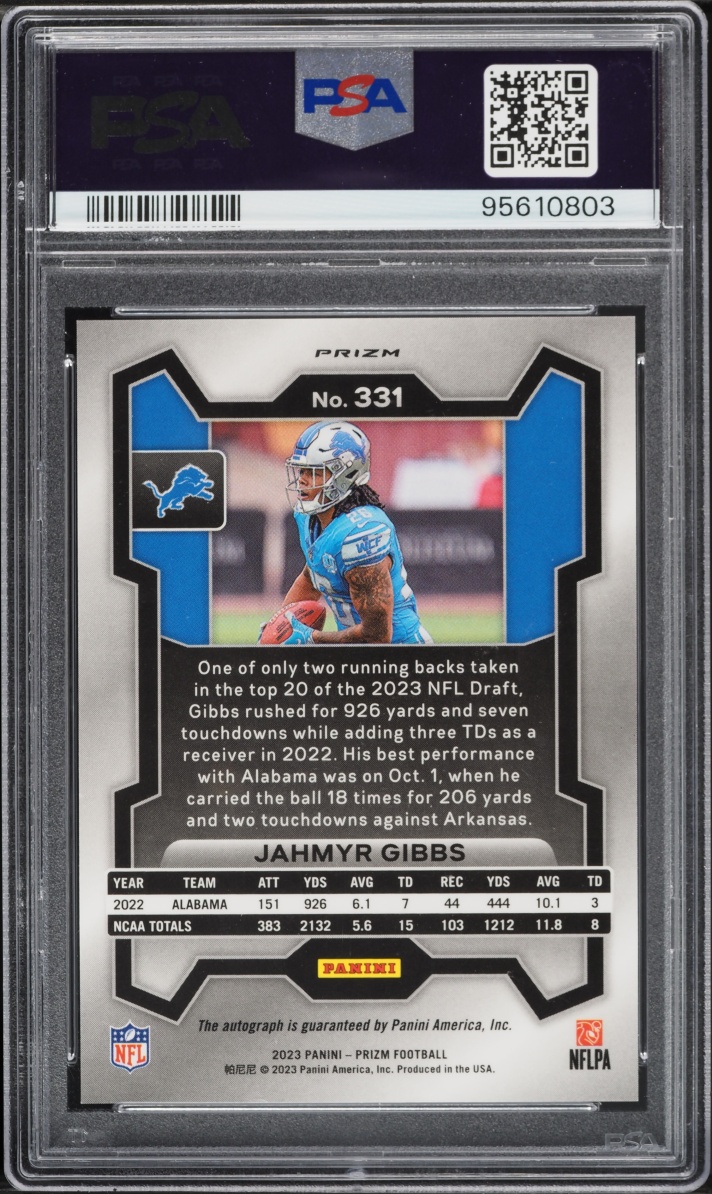 2023 Panini Prizm Silver Jahmyr Gibbs ROOKIE AUTO #331 PSA 9 MINT