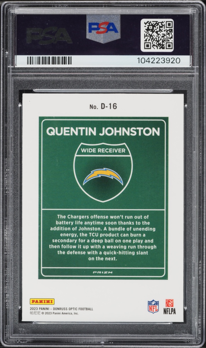 2023 Donruss Optic Downtown! Quentin Johnston ROOKIE #D-16 PSA 10 GEM MINT