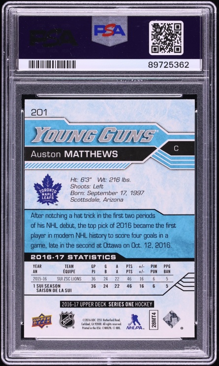 2016 Upper Deck Young Guns Auston Matthews ROOKIE #201 PSA 10 GEM MINT