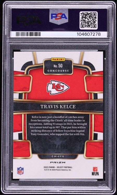 2023 Select Concourse Blue Prizm Travis Kelce /199 #50 PSA 8 NM-MT