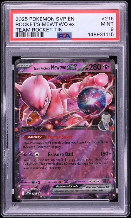 2025 Pokemon Scarlet & Violet Promo Team Rocket Tin Holo Rocket's Mewtwo ex #216 PSA 9 MINT