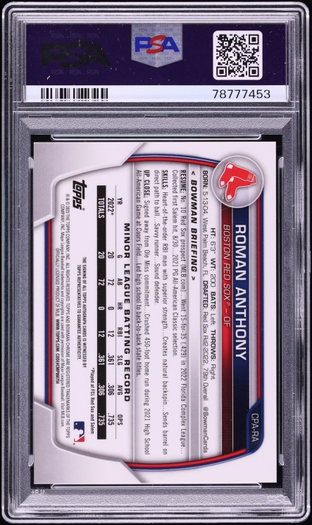 2023 Bowman Chrome Green Grass Refractor Roman Anthony PROSPECT AUTO /99 PSA 10 GEM MINT