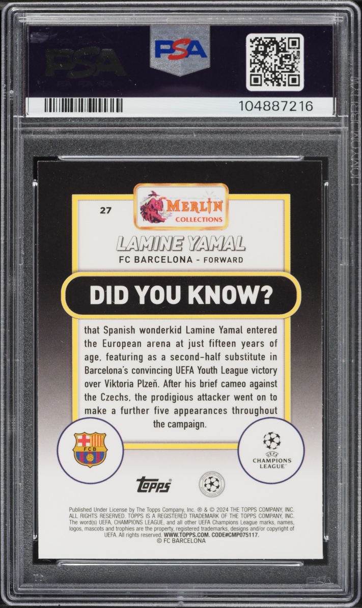 2023 Topps Merlin UEFA Club Competitions Lamine Yamal ROOKIE #27 PSA 10 GEM MINT