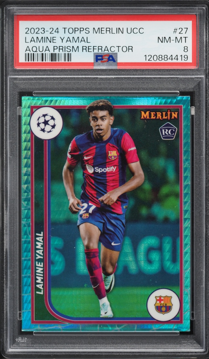 2023 Topps Merlin UEFA CC Aqua Prism Refractor Lamine Yamal ROOKIE #27 PSA 8 NM-MT
