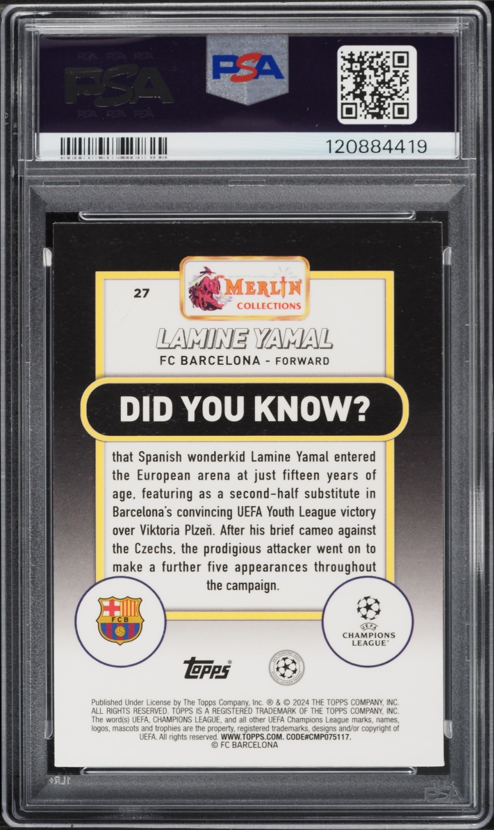 2023 Topps Merlin UEFA CC Aqua Prism Refractor Lamine Yamal ROOKIE #27 PSA 8 NM-MT