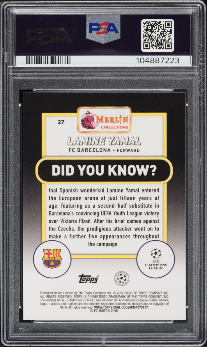 2023 Topps Merlin UEFA Club Competitions Lamine Yamal ROOKIE #27 PSA 10 GEM MINT